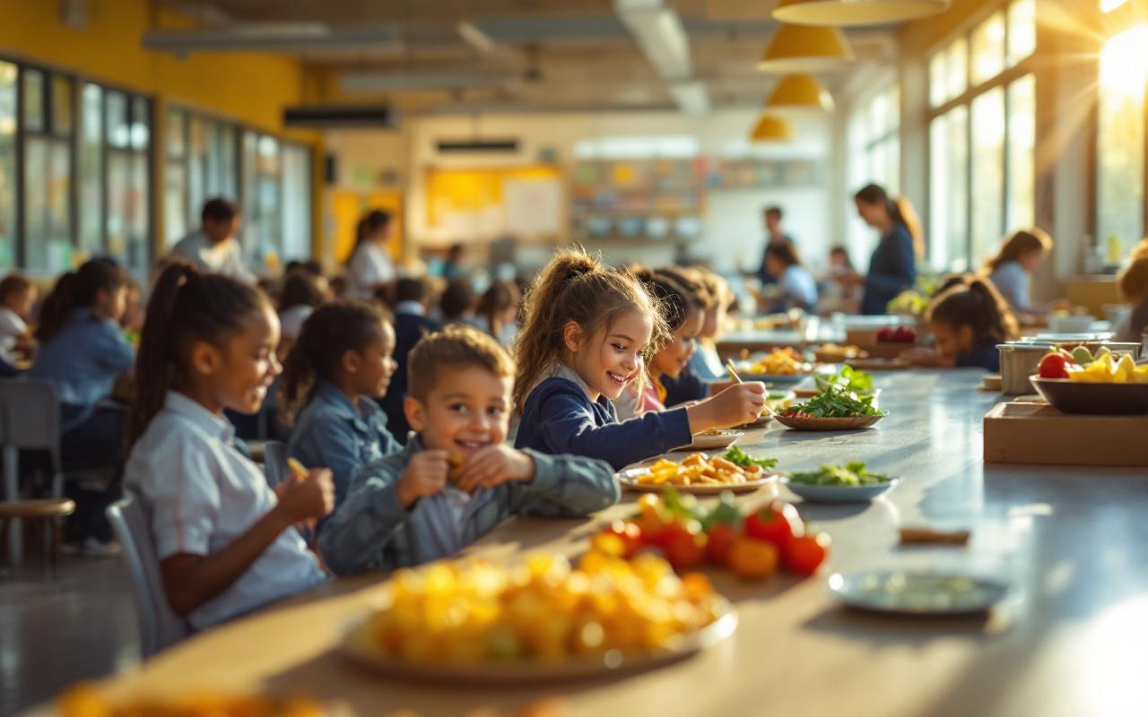 Intérieur d'une cantine scolaire lumineuse où des enfants de divers âges mangent à des tables longues pendant que le personnel sert des plateaux de repas. Atmosphère chaleureuse, lumière naturelle douce traversant les fenêtres.