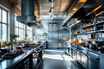 Vue d'une cuisine collective professionnelle équipée d'appareils en acier inoxydable, plans de travail et étagères en inox, fourneaux et postes de préparation, ambiance lumineuse naturelle et volumétrique, tons gris avec accents bois.