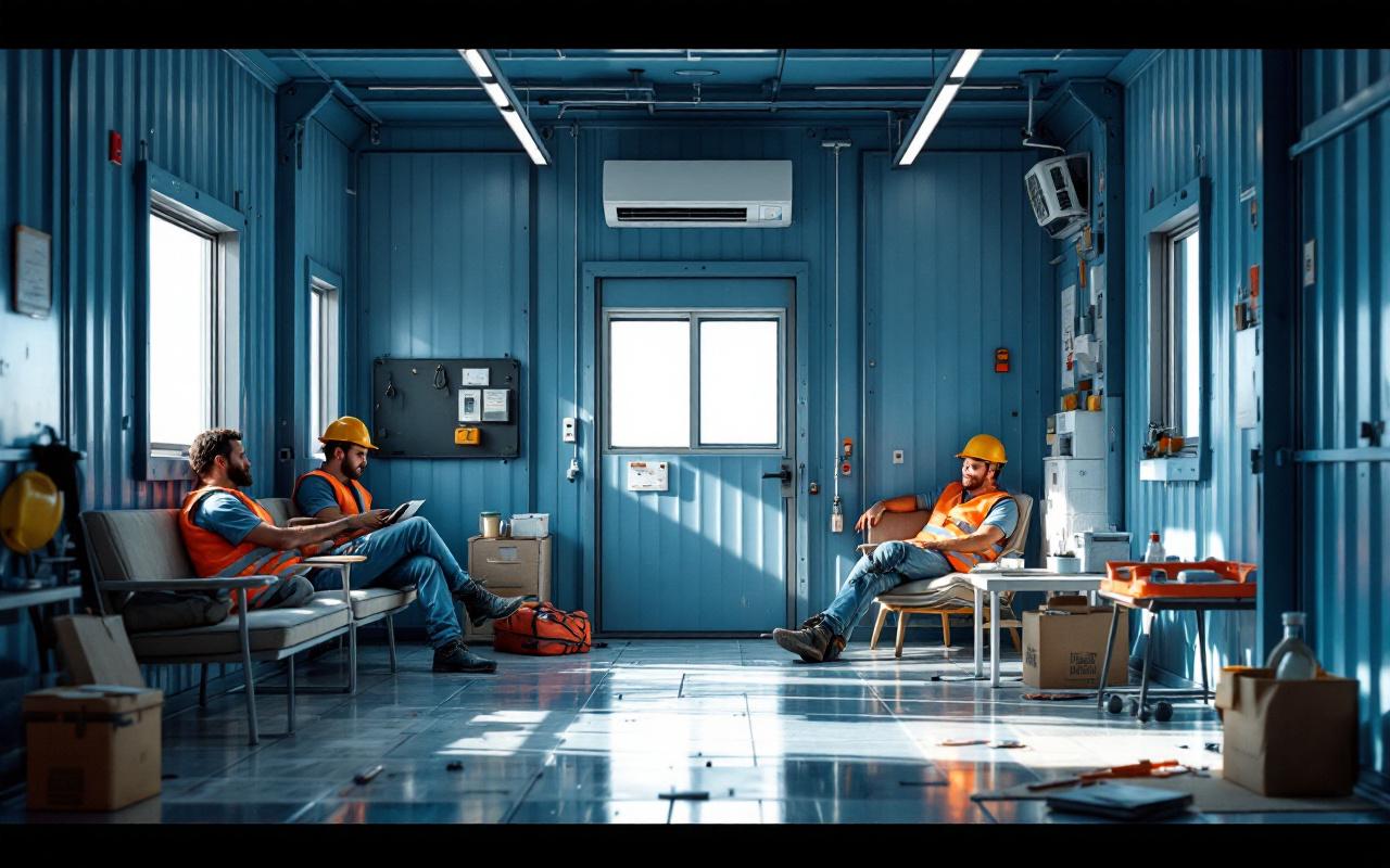 Intérieur photoréaliste d'un bureau modulaire de chantier climatisé, plusieurs ouvriers en gilets de sécurité se reposent sur des bancs et chaises, unité de clim visible, lumière naturelle douce, palette bleue et grise avec touches orange.