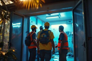 Photo réaliste d'ouvriers de chantier entrant dans une cabine de chantier climatisée sous une chaleur tropicale, portant des gilets jaunes et orange, palmiers en arrière-plan, lumière vive de midi et lueur bleutée fraîche à l'intérieur.