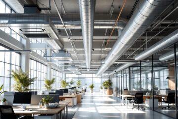 Photo réaliste d'un open space moderne montrant des conduits de ventilation métalliques apparents au plafond, bureaux en open-plan, cloisons vitrées, lumière naturelle volumétrique douce et accents chaleureux en bois.