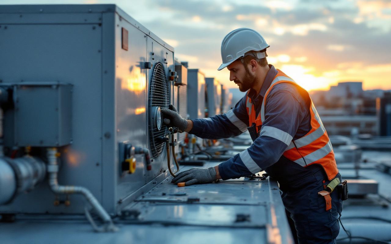 Un technicien inspecte une unité de ventilation HVAC sur un toit, portant casque et gants, vérifiant des conduits et des manomètres. Lumière douce de coucher de soleil créant des reflets chauds sur les surfaces métalliques.