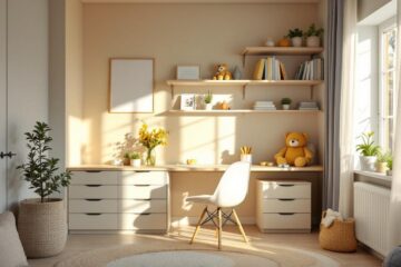 Chambre d’enfant lumineuse et chaleureuse avec rangements intégrés, étagères, bureau et décoration douce aux tons pastel.