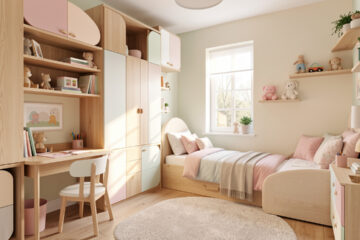 Chambre d’enfant lumineuse et évolutive avec rangements intégrés, un bureau adapté, un lit confortable et une décoration douce aux tons pastel.