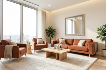 Salon contemporain lumineux avec grande baie vitrée, murs clairs, miroir décoratif et mobilier chaleureux.