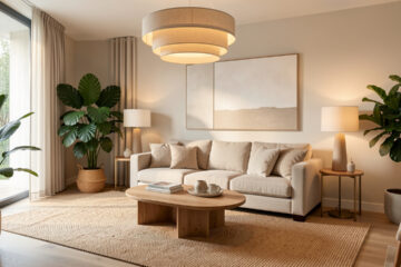 Salon contemporain lumineux avec canapé beige, tapis texturé, plantes vertes et éclairages chaleureux.