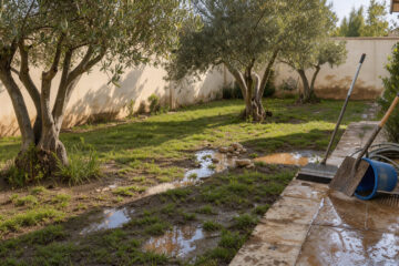 Jardin résidentiel méditerranéen à Martigues après le retrait des eaux, avec pelouse couverte de boue, flaques et outils de nettoyage sous une lumière naturelle.