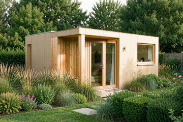 Petite maison contemporaine en carton recyclé avec bardage en bois, installée au milieu d’un jardin verdoyant baigné d’une lumière naturelle douce.